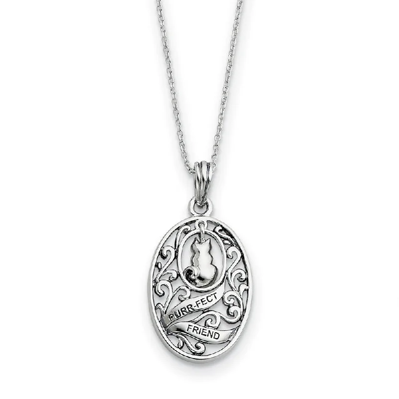 Rhodium Plated Sterling Silver Animal Friends, Oval Cat Necklace