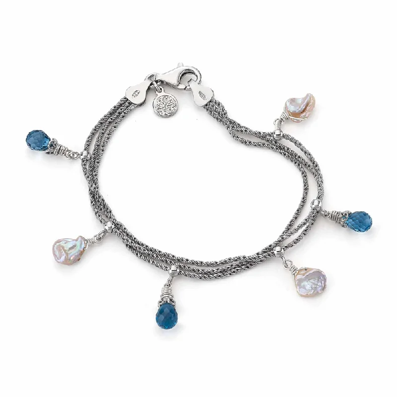 London Blue Topaz and Keshi Pearl Dangle Bracelet