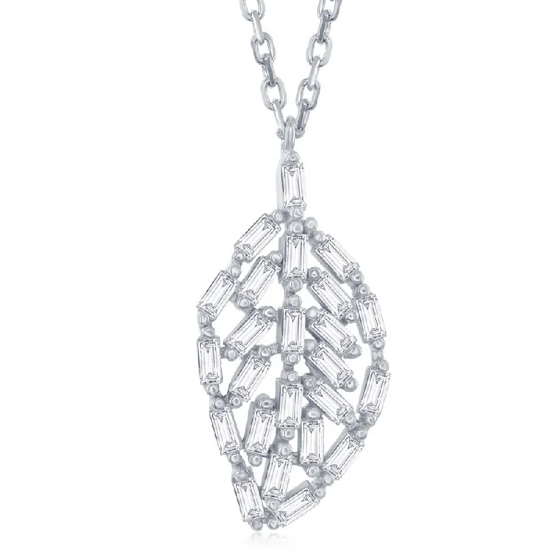 Sterling Silver CZ Baguette Leaf Shaped Necklace 16"