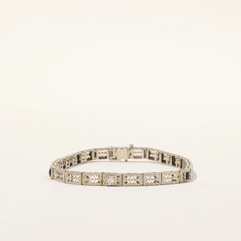 Vintage Natural Diamond & Synthetic Sapphire Line Bracelet | 0.08 ct, 0.16ctw | 7"