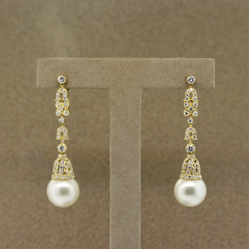 South Sea Pearl Diamond Long Gold Drop Earrings