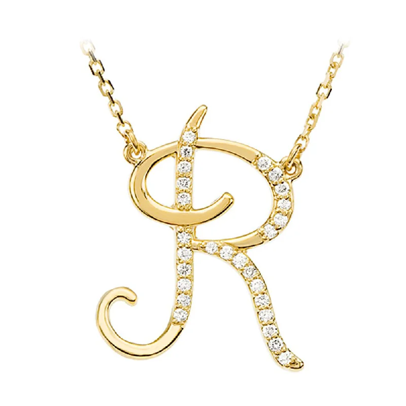 1/8 Ct Diamond 14k Yellow Gold Medium Script Initial R Necklace, 17in