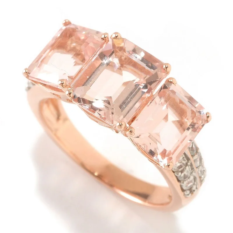 925 Sterling Silver Morganite and White Natural Zircon 3-Stone Ring