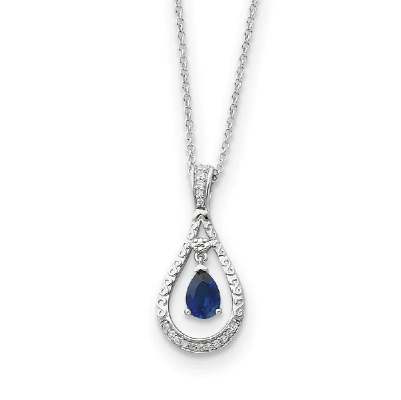 Rhodium Sterling Silver Sept. CZ & Cr. Sapphire Never Forget Necklace