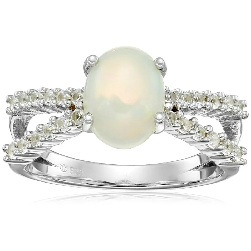 Sterling Silver, Ethiopian Opal, and Created White Sapphire Ring, Size 7