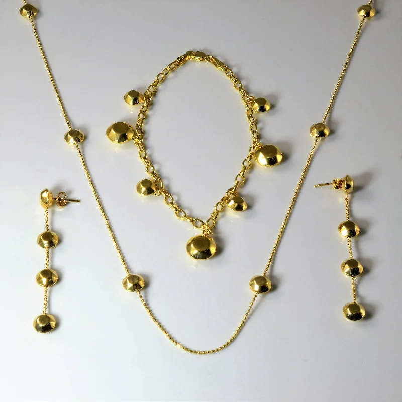 Yellow Gold Beaded Necklace, Bracelet & Earrings Set | 40"| 8"|