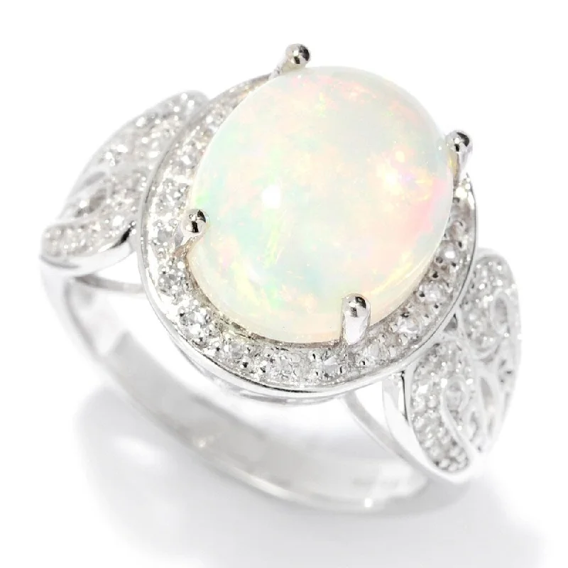 Sterling Silver 12 x 10mm Oval Ethiopian Opal & White Topaz Ring