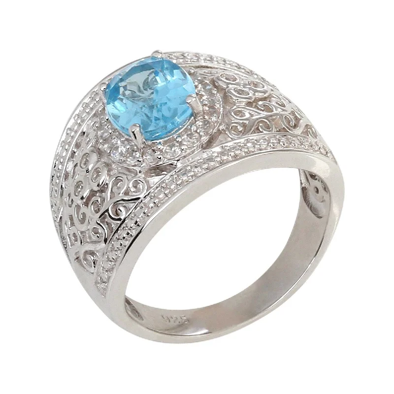 925 Sterling Silver Swiss Blue Topaz and White Natural Zircon Ring