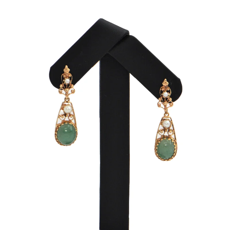 Vintage Pearl and Jade 14k Gold Drop Earrings