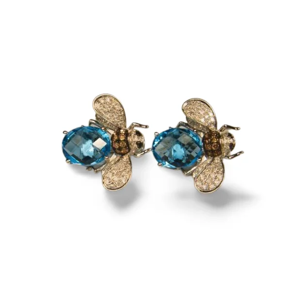 Gorgeous 14K White Gold Blue Topaz Bumble Bee Diamond Earrings