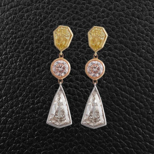 Yellow, Pink & White Diamond Dangle Earrings