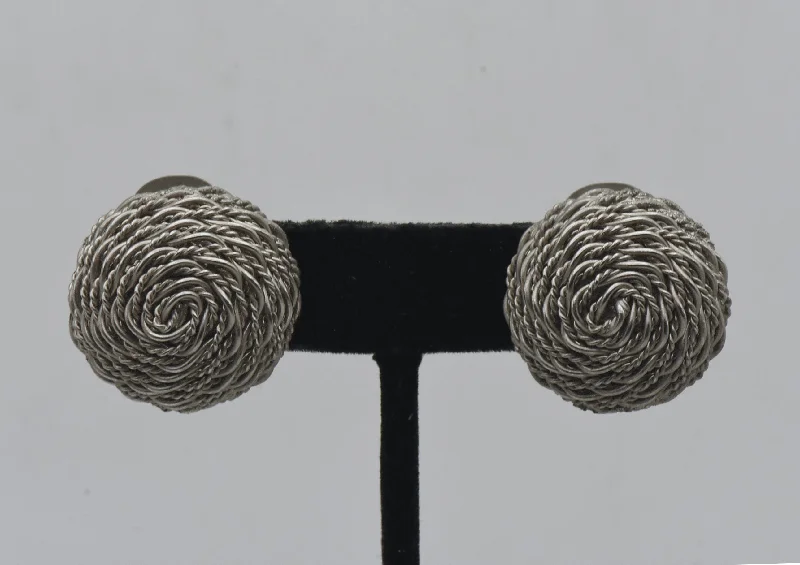 Vintage Silver Tone Basket Weave Clip On Earrings