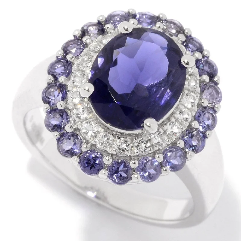 Sterling Silver Iolite & White Topaz Double Halo Ring