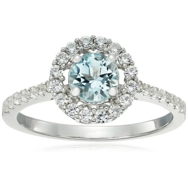 Sterling Silver Aquamarine and Created White Sapphire Solitaire Ring - Blue