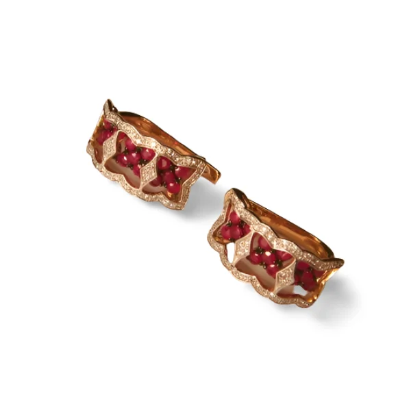 Beautiful 14K Pink Rose Gold Diamond Ruby Flower Huggie Earrings