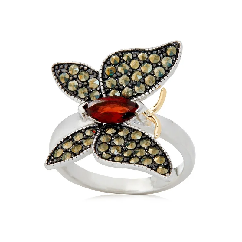 14k Gold and Sterling Silver Red Garnet and Marcasite Ring