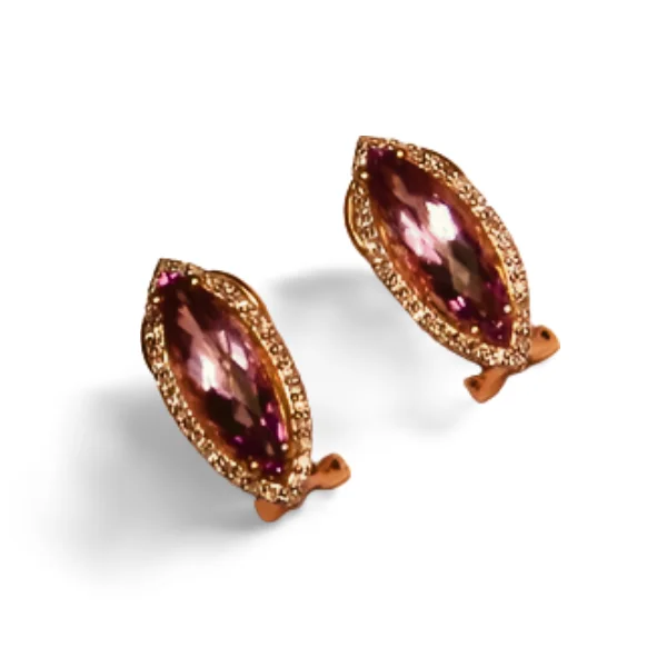 Unique 14K Pink Rose Gold Diamond Amethyst Designer Earrings