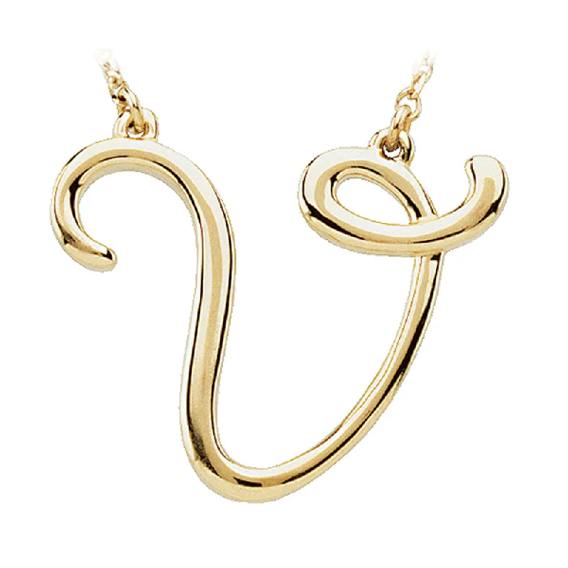 14k Yellow Gold, Olivia Collection, Medium Script Initial V Necklace