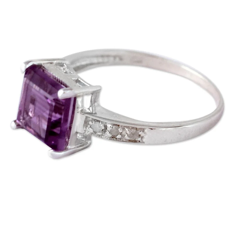 Handmade Sterling Silver 'Lilac Sparkle' Diamond Accent Amethyst Ring (India)