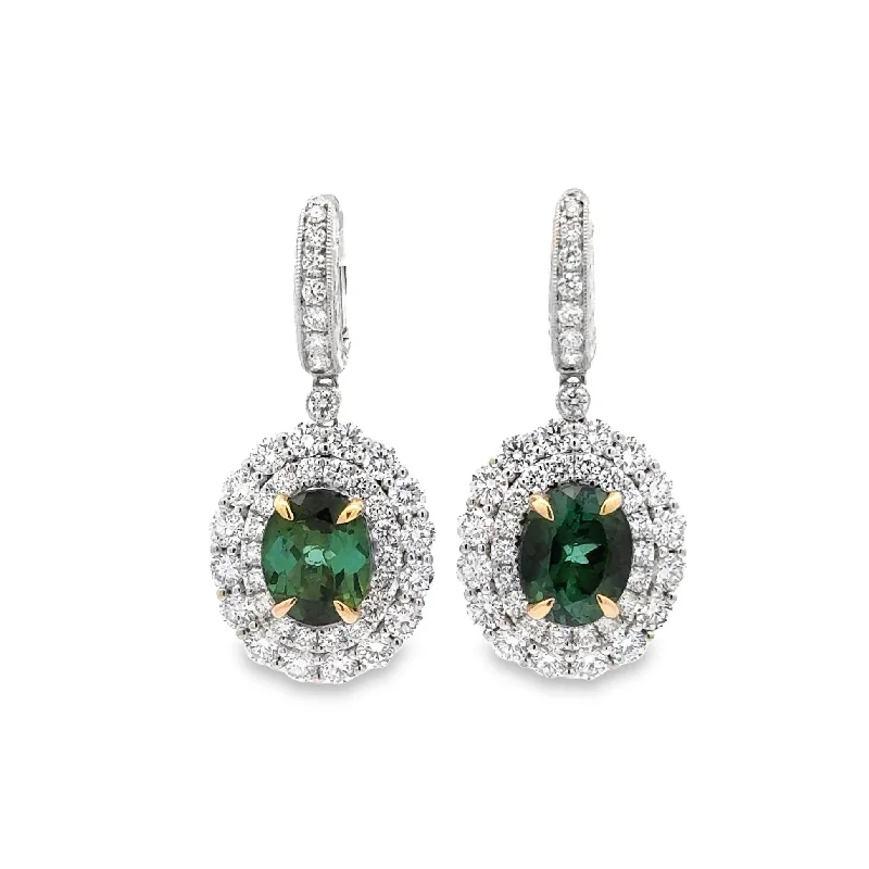 Forest Green Tourmaline Diamond 18K White Gold Drop Dangle Earrings