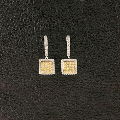 Yellow & White Diamond Square Drop Earrings