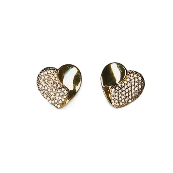 Beautiful Estate 14K Yellow Gold Pave Diamond Heart Stud Earrings