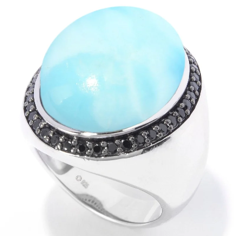 925 Sterling Silver Larimar and Black Spinel Ring